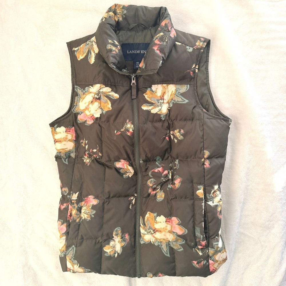 Lands' End Puffer Vest Women XS Olive Green Excellent Floral Down Insulated Boho